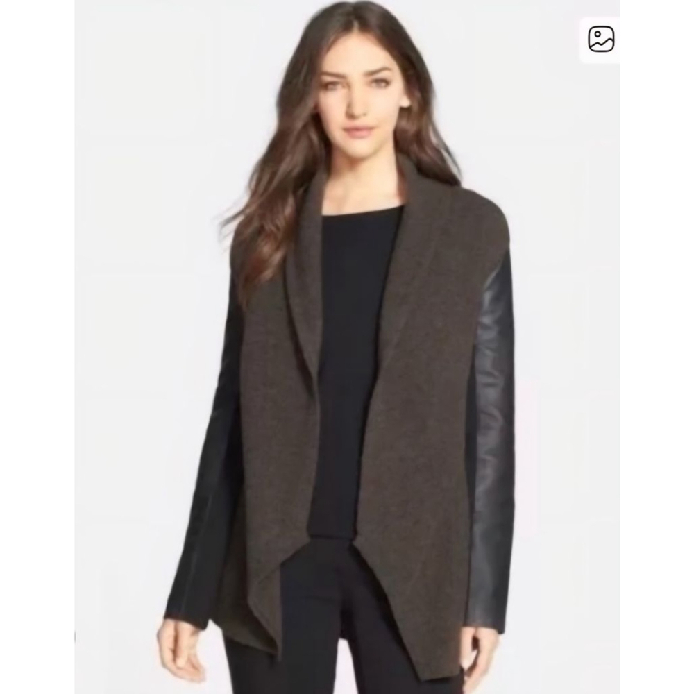 EILEEN FISHER Peat Leather‎ Sleeve Merino Lambswool Shawl Jacket Black XS